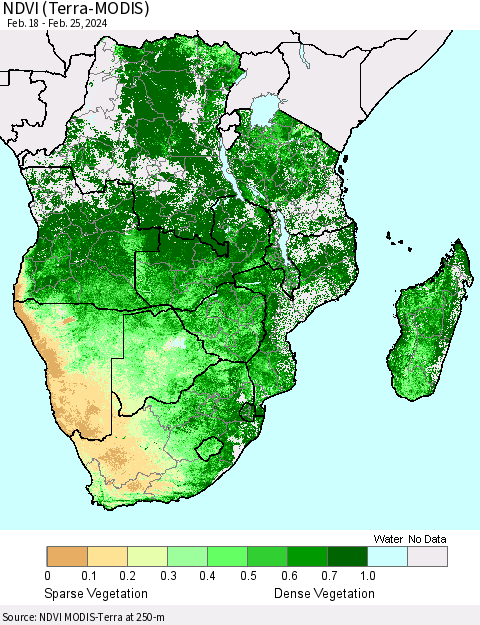 Southern Africa NDVI (Terra-MODIS) Thematic Map For 2/18/2024 - 2/25/2024