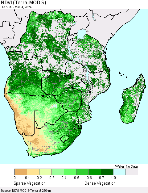 Southern Africa NDVI (Terra-MODIS) Thematic Map For 2/26/2024 - 3/4/2024