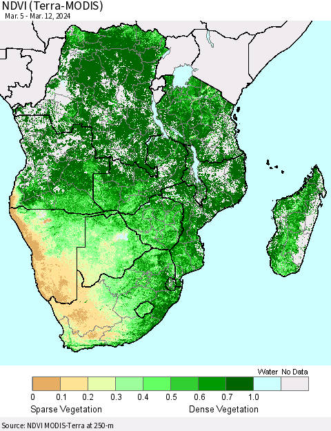 Southern Africa NDVI (Terra-MODIS) Thematic Map For 3/5/2024 - 3/12/2024