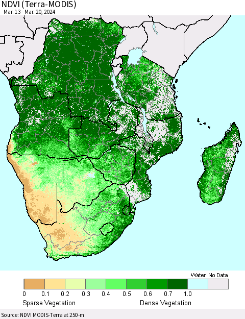 Southern Africa NDVI (Terra-MODIS) Thematic Map For 3/13/2024 - 3/20/2024