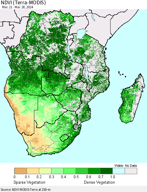 Southern Africa NDVI (Terra-MODIS) Thematic Map For 3/21/2024 - 3/28/2024