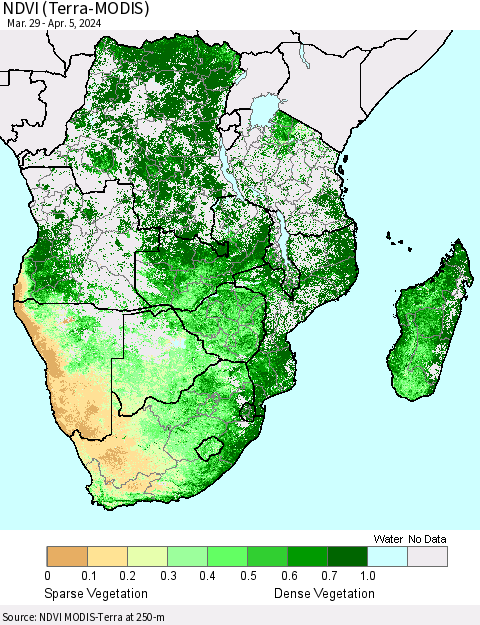 Southern Africa NDVI (Terra-MODIS) Thematic Map For 3/29/2024 - 4/5/2024