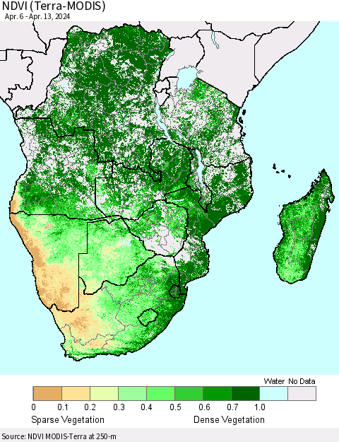 Southern Africa NDVI (Terra-MODIS) Thematic Map For 4/6/2024 - 4/13/2024