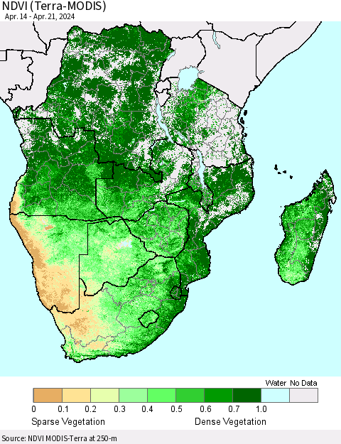 Southern Africa NDVI (Terra-MODIS) Thematic Map For 4/14/2024 - 4/21/2024