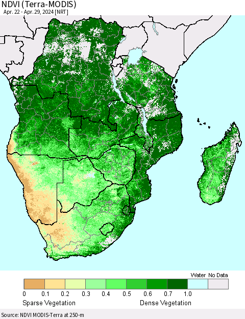 Southern Africa NDVI (Terra-MODIS) Thematic Map For 4/22/2024 - 4/29/2024