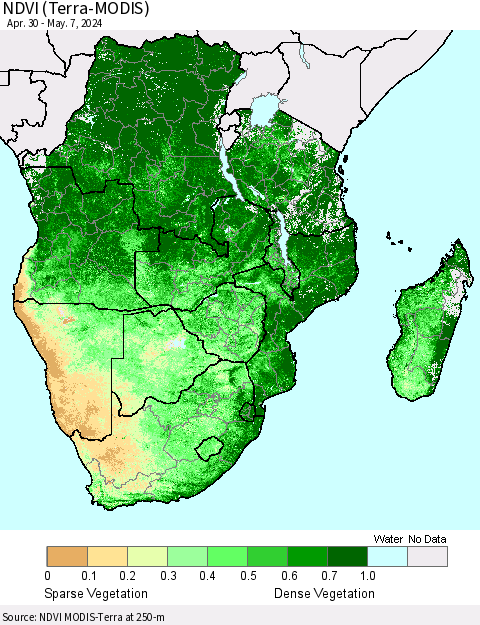 Southern Africa NDVI (Terra-MODIS) Thematic Map For 4/30/2024 - 5/7/2024