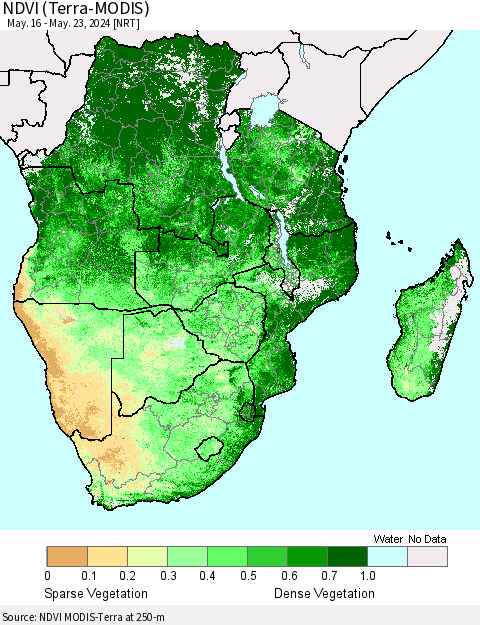 Southern Africa NDVI (Terra-MODIS) Thematic Map For 5/16/2024 - 5/23/2024