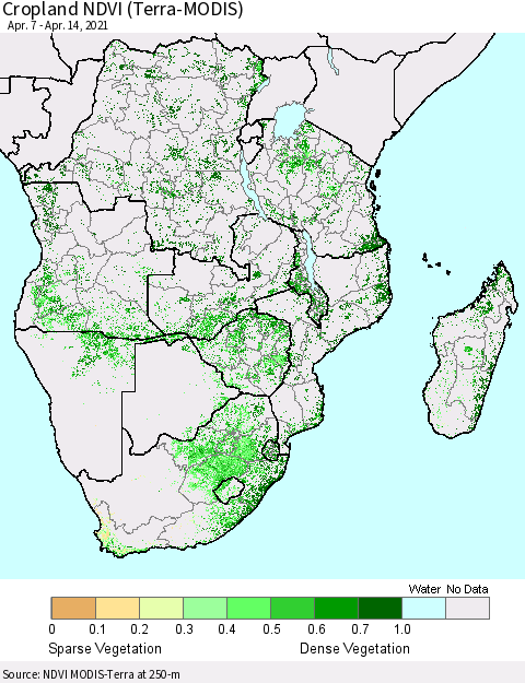 Southern Africa Cropland NDVI (Terra-MODIS) Thematic Map For 4/7/2021 - 4/14/2021