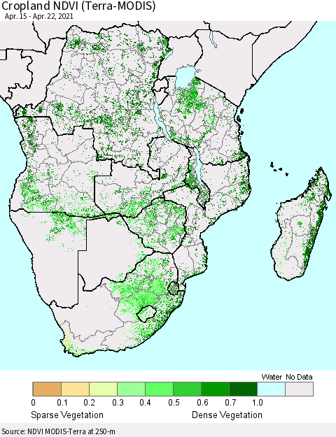 Southern Africa Cropland NDVI (Terra-MODIS) Thematic Map For 4/15/2021 - 4/22/2021