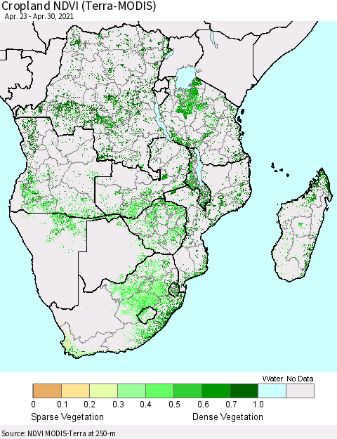 Southern Africa Cropland NDVI (Terra-MODIS) Thematic Map For 4/23/2021 - 4/30/2021