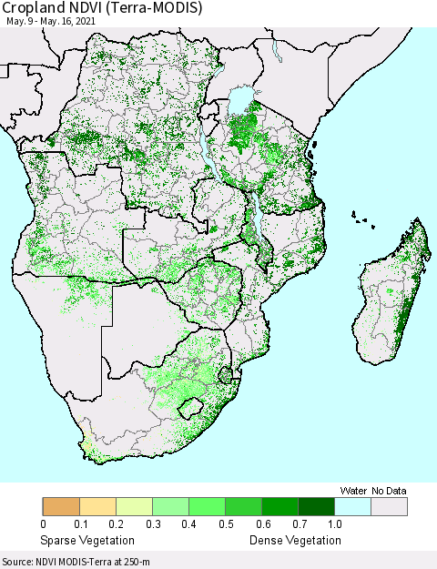 Southern Africa Cropland NDVI (Terra-MODIS) Thematic Map For 5/9/2021 - 5/16/2021