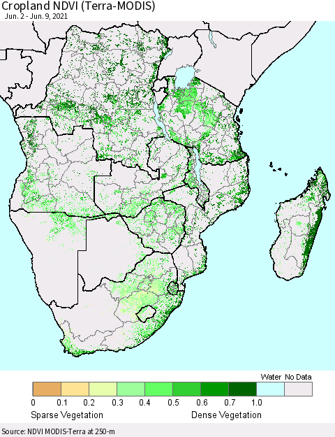 Southern Africa Cropland NDVI (Terra-MODIS) Thematic Map For 6/2/2021 - 6/9/2021
