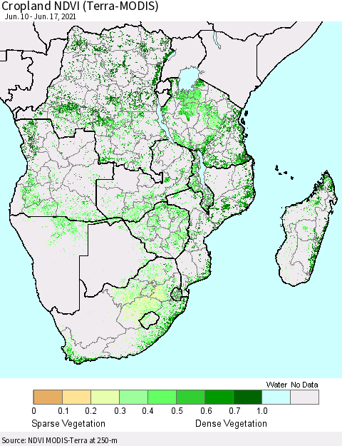 Southern Africa Cropland NDVI (Terra-MODIS) Thematic Map For 6/10/2021 - 6/17/2021