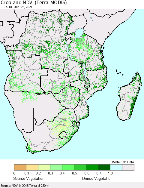 Southern Africa Cropland NDVI (Terra-MODIS) Thematic Map For 6/18/2021 - 6/25/2021