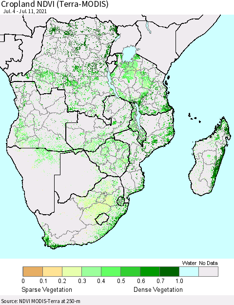 Southern Africa Cropland NDVI (Terra-MODIS) Thematic Map For 7/4/2021 - 7/11/2021