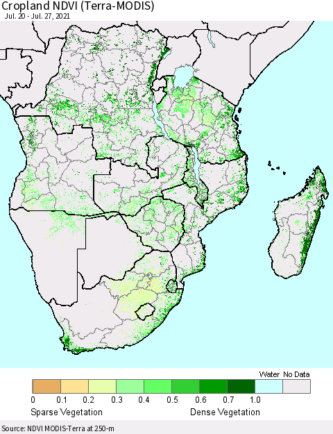 Southern Africa Cropland NDVI (Terra-MODIS) Thematic Map For 7/20/2021 - 7/27/2021