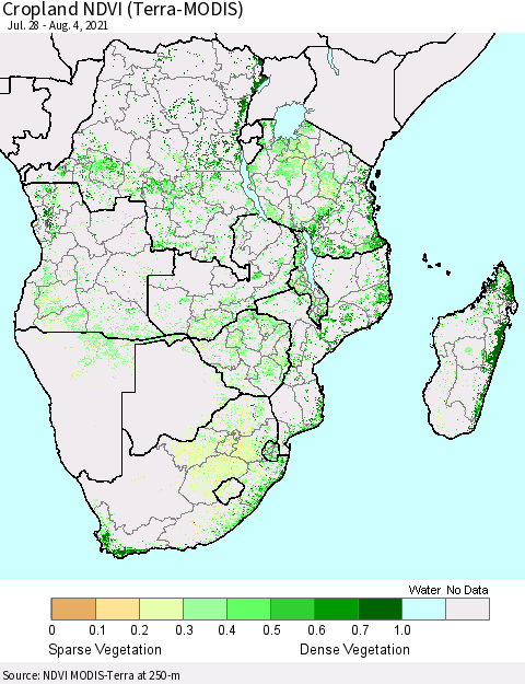Southern Africa Cropland NDVI (Terra-MODIS) Thematic Map For 7/28/2021 - 8/4/2021