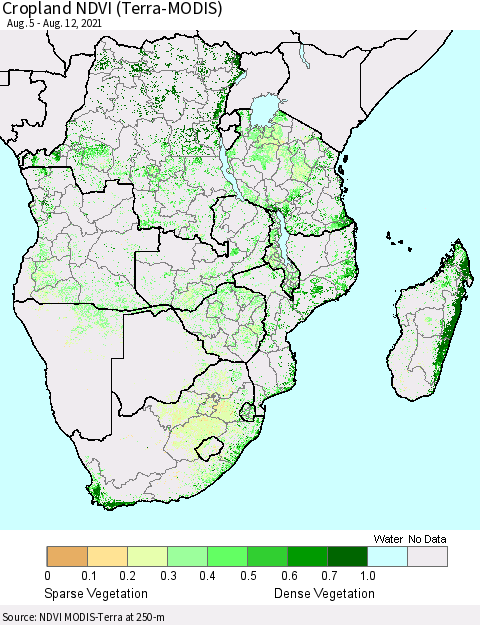 Southern Africa Cropland NDVI (Terra-MODIS) Thematic Map For 8/5/2021 - 8/12/2021