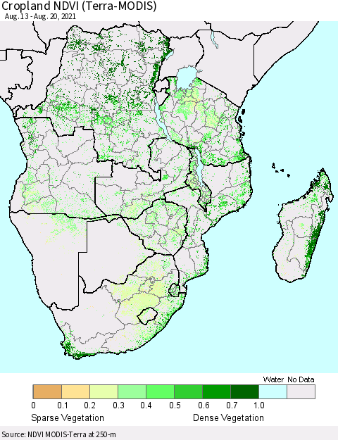 Southern Africa Cropland NDVI (Terra-MODIS) Thematic Map For 8/13/2021 - 8/20/2021