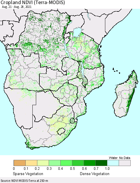 Southern Africa Cropland NDVI (Terra-MODIS) Thematic Map For 8/21/2021 - 8/28/2021