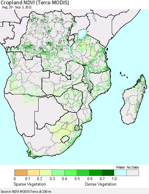 Southern Africa Cropland NDVI (Terra-MODIS) Thematic Map For 8/29/2021 - 9/5/2021