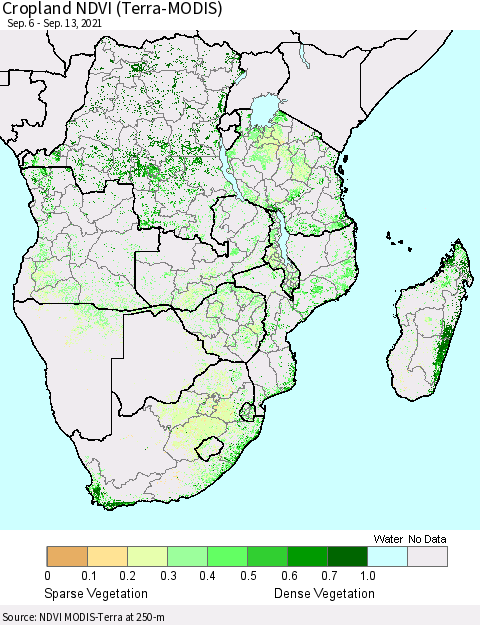 Southern Africa Cropland NDVI (Terra-MODIS) Thematic Map For 9/6/2021 - 9/13/2021