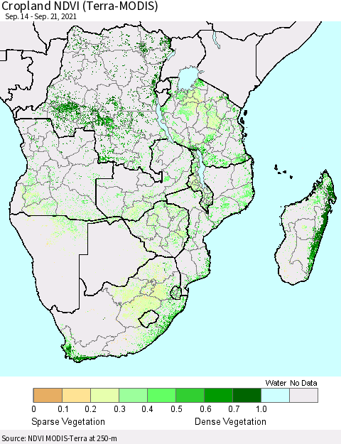 Southern Africa Cropland NDVI (Terra-MODIS) Thematic Map For 9/14/2021 - 9/21/2021