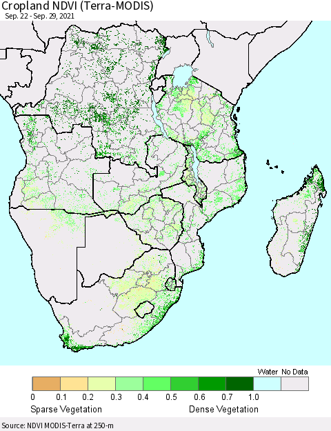 Southern Africa Cropland NDVI (Terra-MODIS) Thematic Map For 9/22/2021 - 9/29/2021