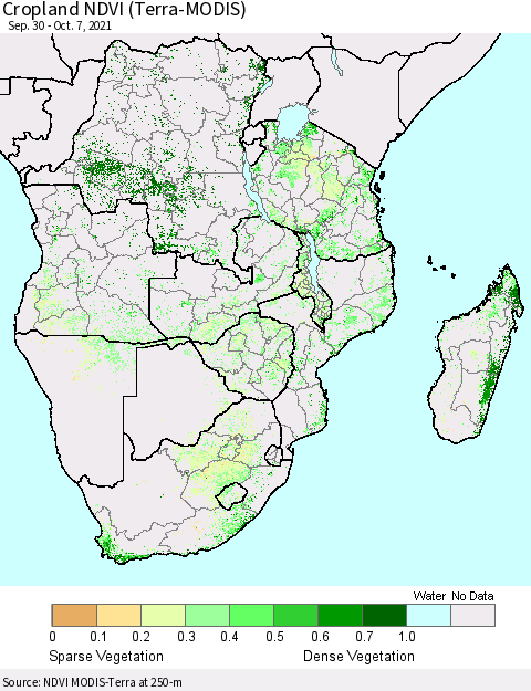 Southern Africa Cropland NDVI (Terra-MODIS) Thematic Map For 9/30/2021 - 10/7/2021