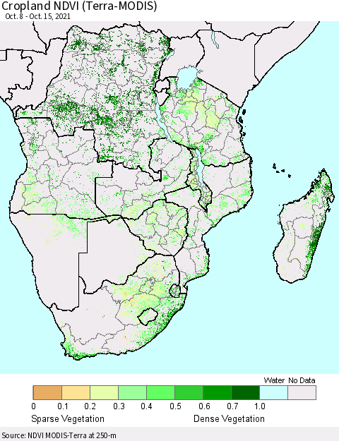 Southern Africa Cropland NDVI (Terra-MODIS) Thematic Map For 10/8/2021 - 10/15/2021