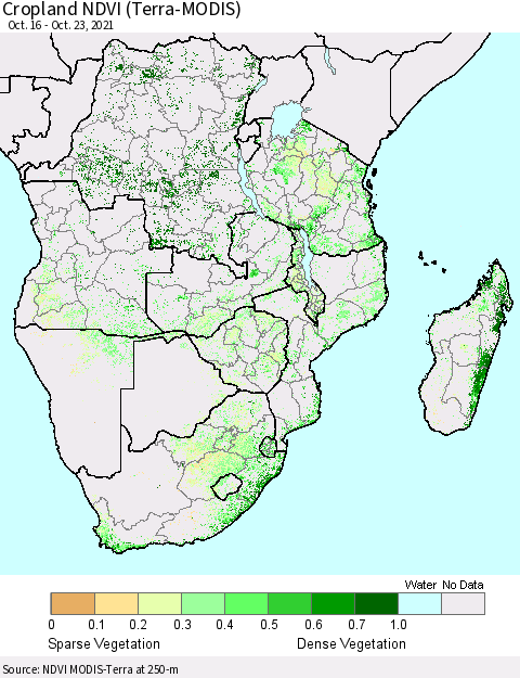 Southern Africa Cropland NDVI (Terra-MODIS) Thematic Map For 10/16/2021 - 10/23/2021