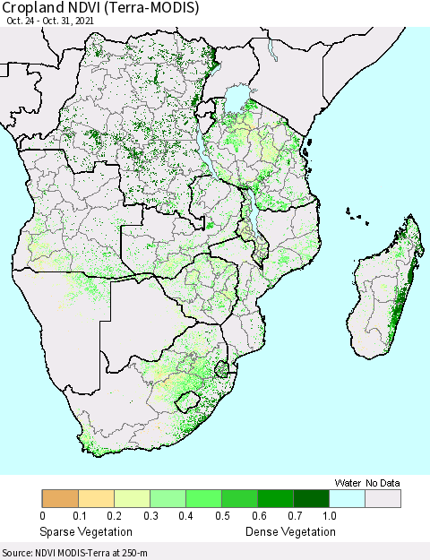Southern Africa Cropland NDVI (Terra-MODIS) Thematic Map For 10/24/2021 - 10/31/2021