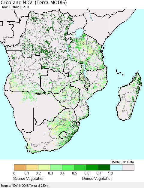 Southern Africa Cropland NDVI (Terra-MODIS) Thematic Map For 11/1/2021 - 11/8/2021