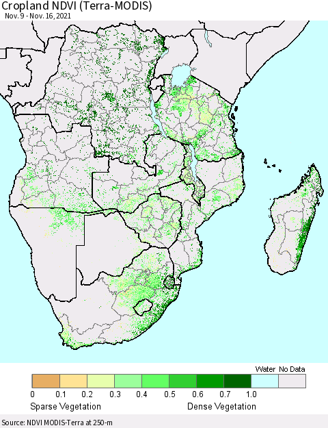 Southern Africa Cropland NDVI (Terra-MODIS) Thematic Map For 11/9/2021 - 11/16/2021