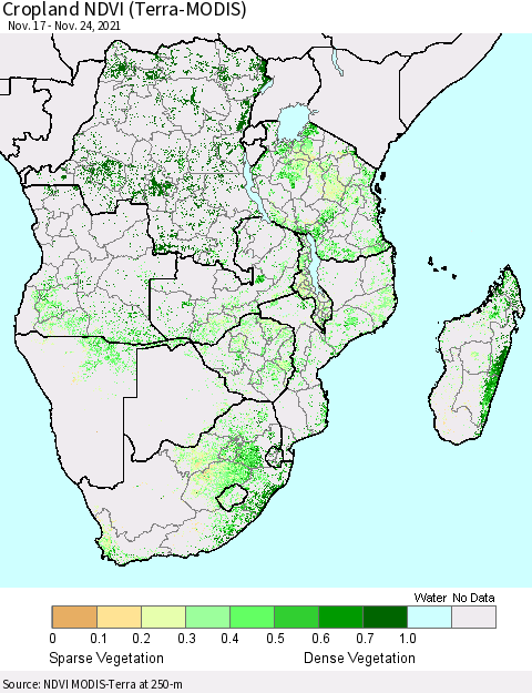 Southern Africa Cropland NDVI (Terra-MODIS) Thematic Map For 11/17/2021 - 11/24/2021