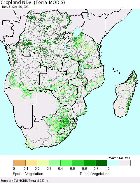 Southern Africa Cropland NDVI (Terra-MODIS) Thematic Map For 12/3/2021 - 12/10/2021