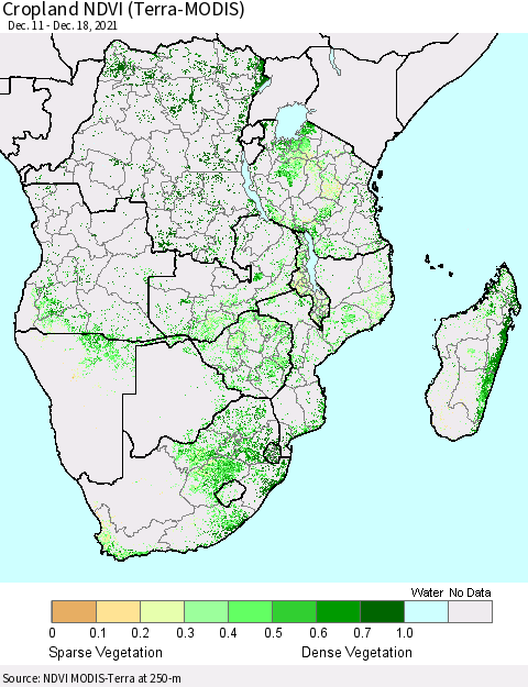 Southern Africa Cropland NDVI (Terra-MODIS) Thematic Map For 12/11/2021 - 12/18/2021