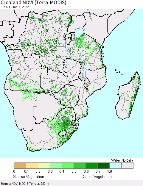 Southern Africa Cropland NDVI (Terra-MODIS) Thematic Map For 1/1/2022 - 1/8/2022