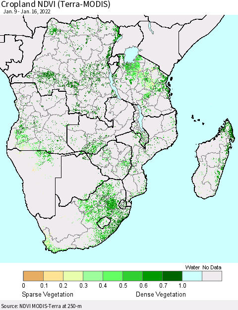 Southern Africa Cropland NDVI (Terra-MODIS) Thematic Map For 1/9/2022 - 1/16/2022