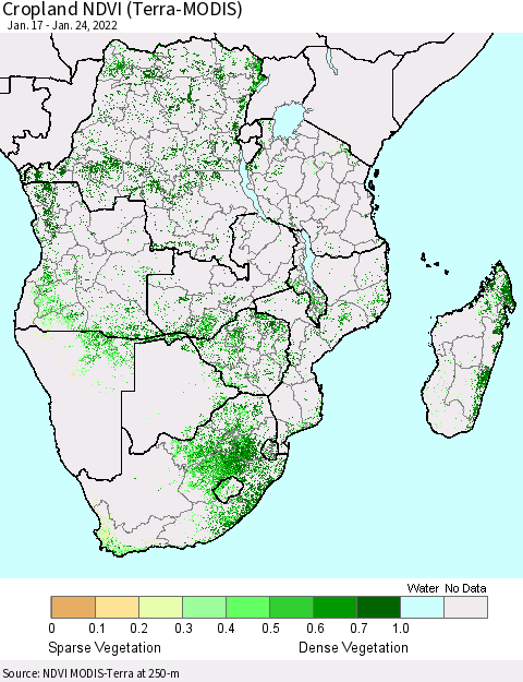 Southern Africa Cropland NDVI (Terra-MODIS) Thematic Map For 1/17/2022 - 1/24/2022