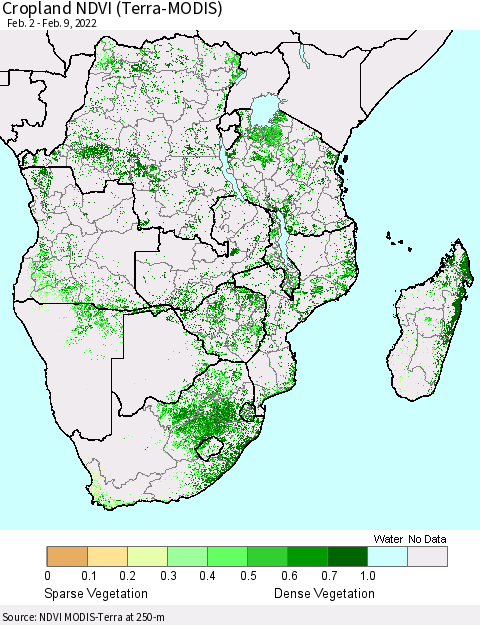 Southern Africa Cropland NDVI (Terra-MODIS) Thematic Map For 2/2/2022 - 2/9/2022