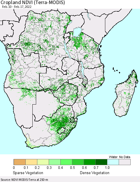 Southern Africa Cropland NDVI (Terra-MODIS) Thematic Map For 2/10/2022 - 2/17/2022