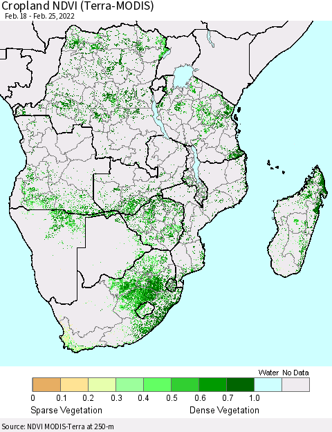 Southern Africa Cropland NDVI (Terra-MODIS) Thematic Map For 2/18/2022 - 2/25/2022