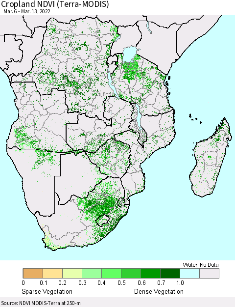 Southern Africa Cropland NDVI (Terra-MODIS) Thematic Map For 3/6/2022 - 3/13/2022