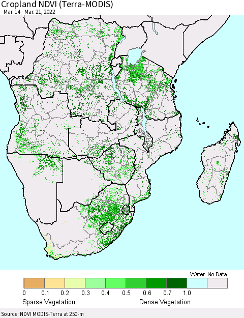 Southern Africa Cropland NDVI (Terra-MODIS) Thematic Map For 3/14/2022 - 3/21/2022