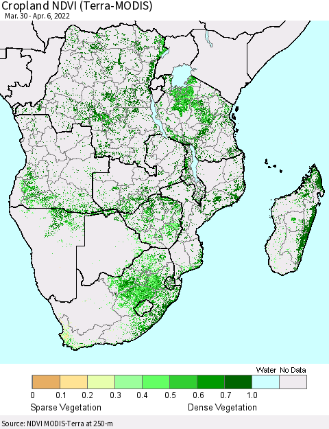 Southern Africa Cropland NDVI (Terra-MODIS) Thematic Map For 3/30/2022 - 4/6/2022