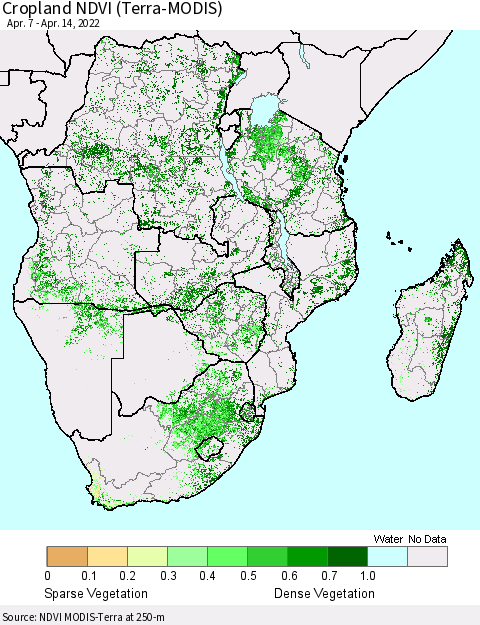Southern Africa Cropland NDVI (Terra-MODIS) Thematic Map For 4/7/2022 - 4/14/2022
