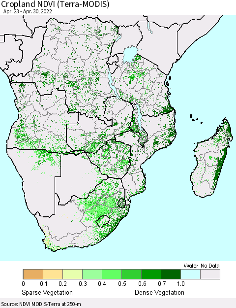Southern Africa Cropland NDVI (Terra-MODIS) Thematic Map For 4/23/2022 - 4/30/2022
