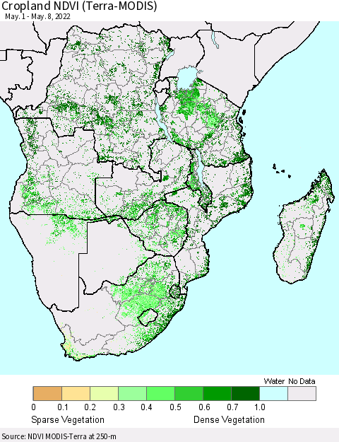 Southern Africa Cropland NDVI (Terra-MODIS) Thematic Map For 5/1/2022 - 5/8/2022