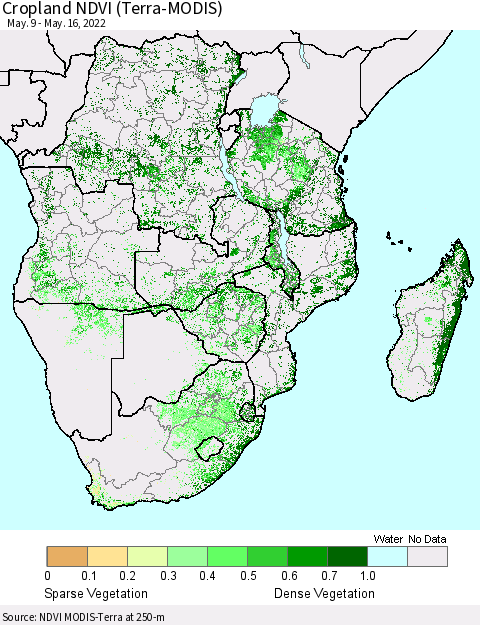 Southern Africa Cropland NDVI (Terra-MODIS) Thematic Map For 5/9/2022 - 5/16/2022